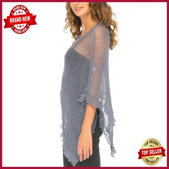 Lightweight Sheer Knit Poncho Shrug Pullover Sweater Top One Size - Picture 7 of 8